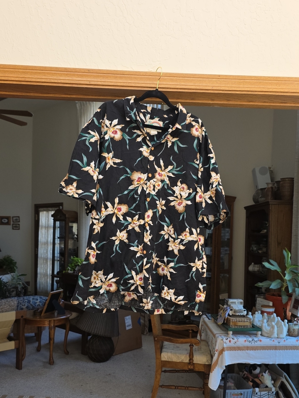 Black Floral Button-Up Shirt with Cream & Green Accents
